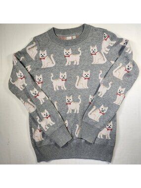 Twik Simons Gray Cat‎ Print Bow Tie Intarsia Knit Crewneck Sweater Womens XS